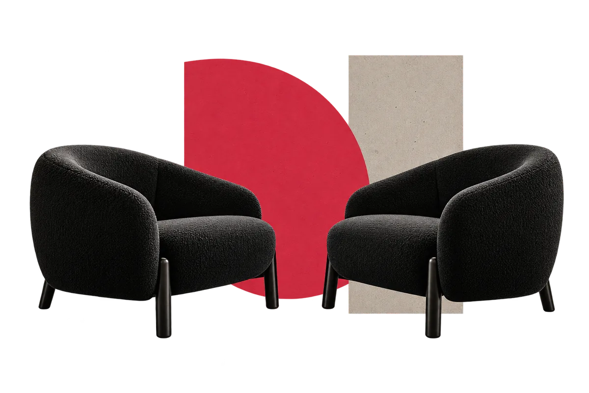 Collage: two sculptural chairs in conversation