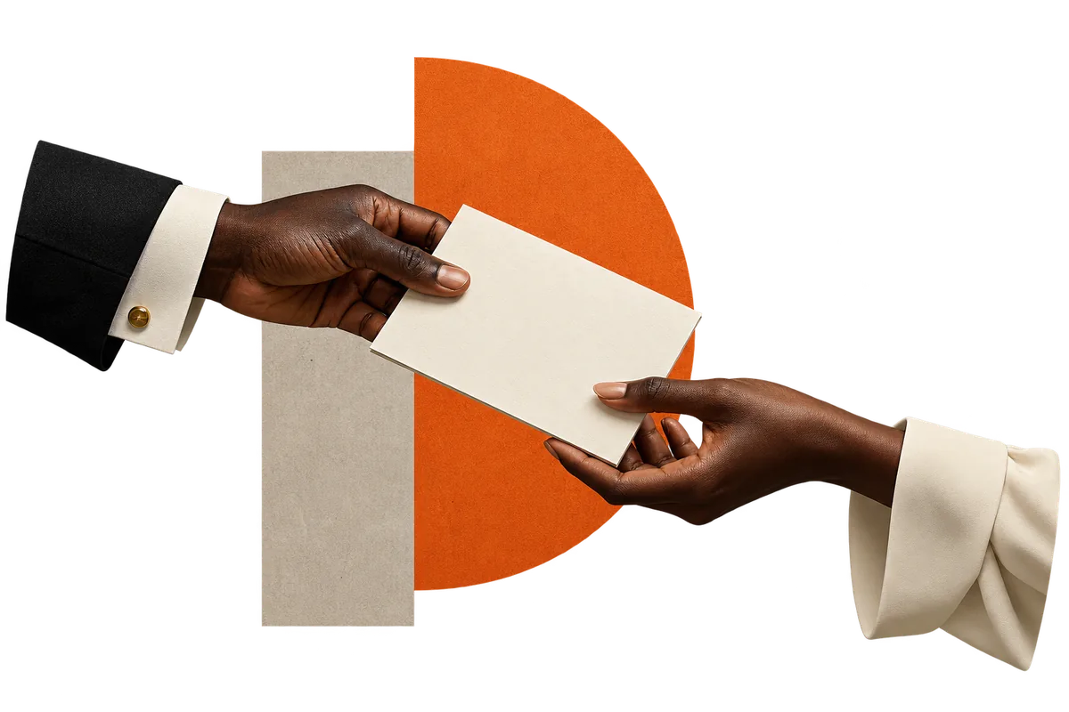 Collage: two hands exchanging an ivory invitation