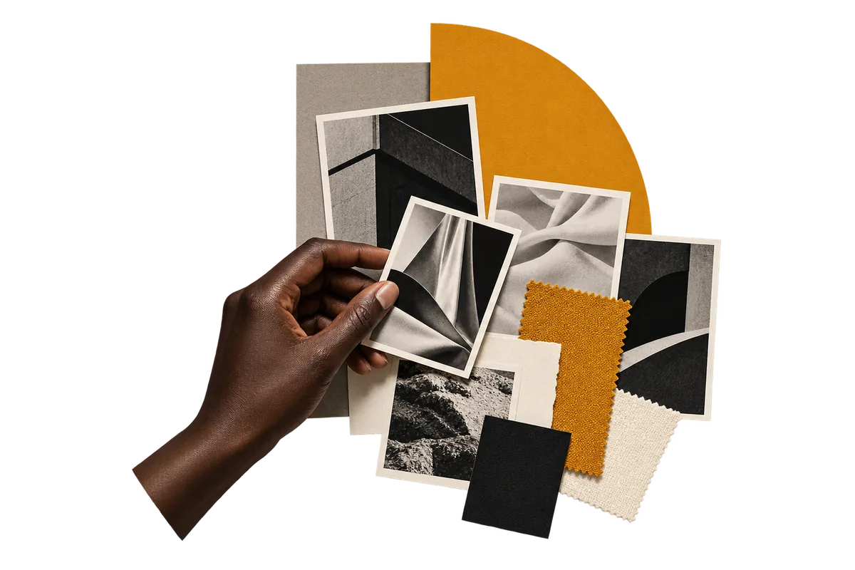 Collage: hand arranging a tactile moodboard