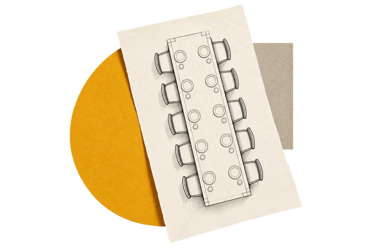 Collage: dinner-table floor plan with saffron arc