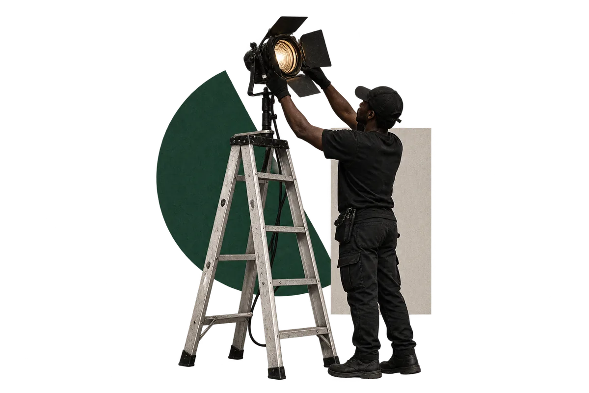 Collage: technician adjusting a light beside a stepladder